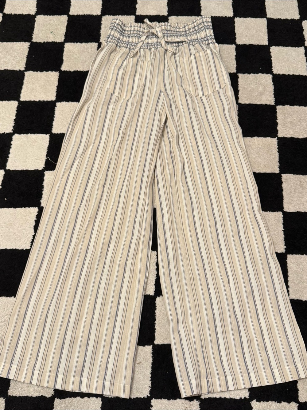 Streetwear Society Beige and Blue Striped Wide-Leg Pants
